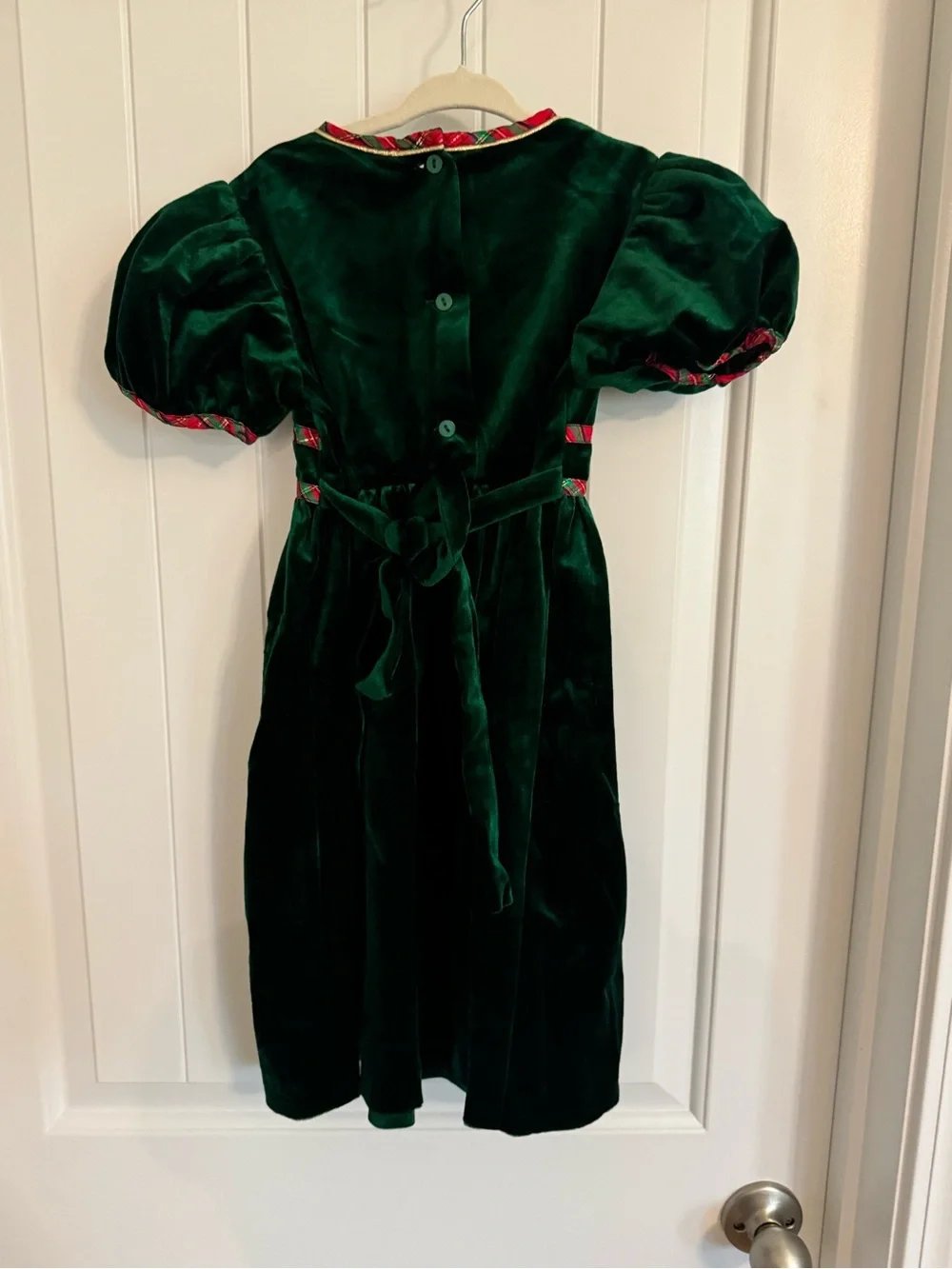 Rare Editions Dark Green Velvet Holiday Dress with Red Plaid Trim